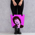 Woman holding a Tote bag of rock star Mick Jagger of The Rolling Stones classic rock band. Retro pop art.