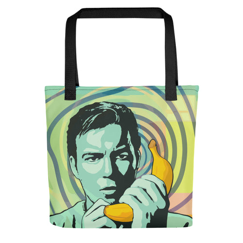 Tote bag of Captain Kirk from the original 1960s Star Trek TV show. William Shatner . Retro pop art. tote bags for purchase online at Woodstock Vibe.