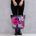 A tote bag with an image of a Skeleton smoking a marijuana joint in a pop art style with neon colors