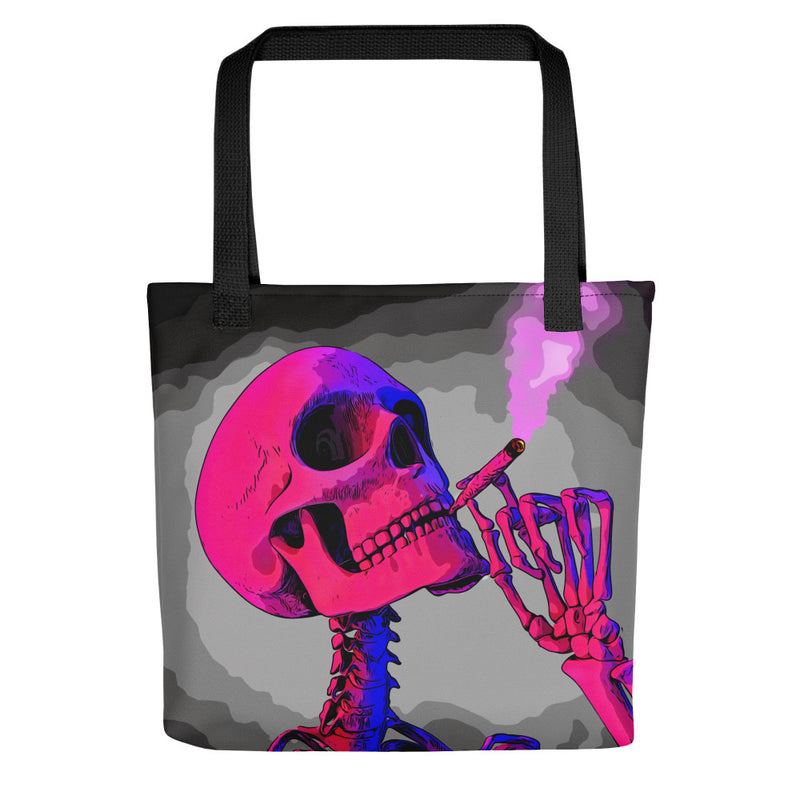 A tote bag with an image of a Skeleton smoking a marijuana joint in a pop art style with neon colors