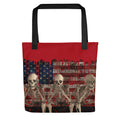 A tote bag with an image of a Skeletons a pop art style with American Flag