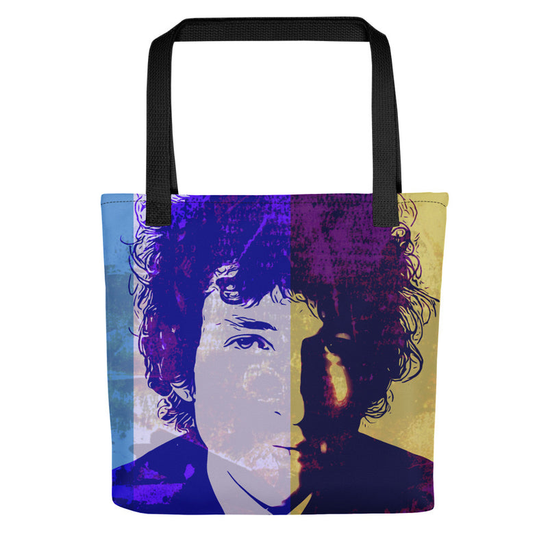 Tote bag of Music Legend and Rock Star Bob Dylan. Retro pop art. tote bags for purchase online at Woodstock Vibe.