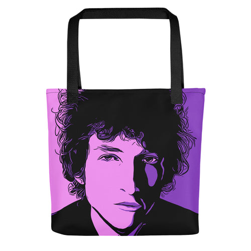 Tote bag of Music Legend and Rock Star Bob Dylan. Retro pop art tote bags for purchase online at Woodstock Vibe.