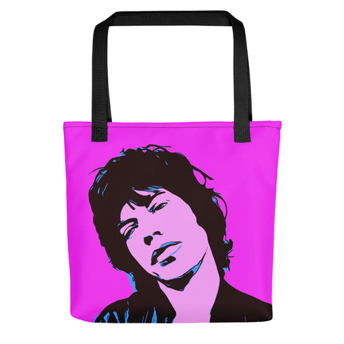 Tote bag of rock star Mick Jagger of The Rolling Stones classic rock band. Retro pop art. 