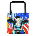 Tote bag of a colorful cow in a Retro pop art style.  Tote bags for purchase online at Woodstock Vibe.